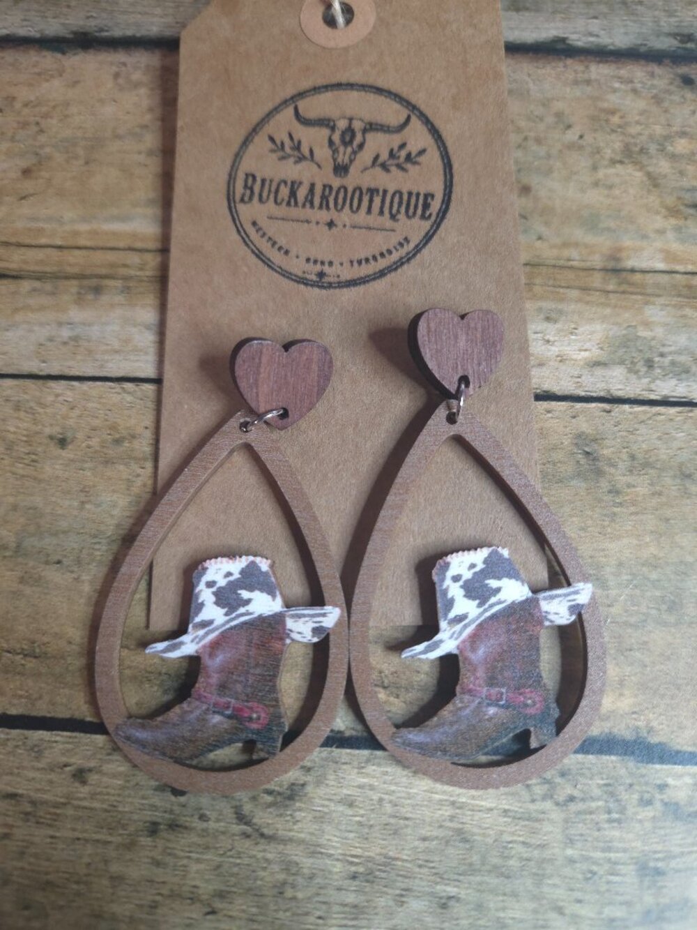 Cowgirl Boot Teardrop Earrings Western Rodeo Wooden Boutique Jewelry